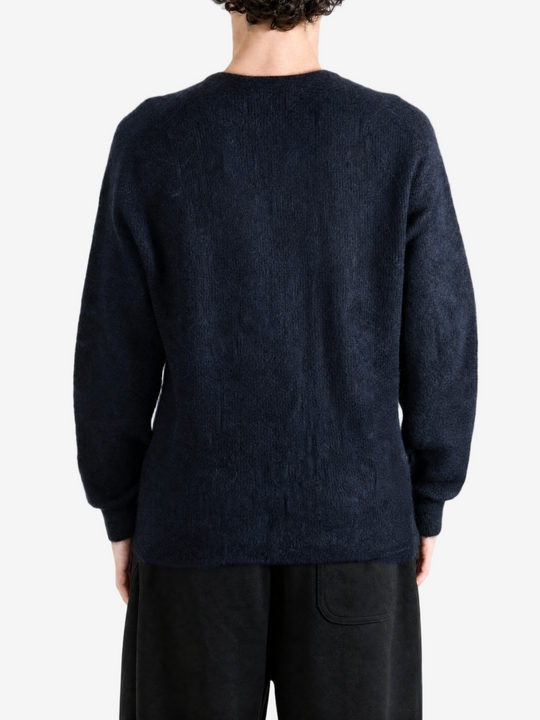 Navy top, full body view