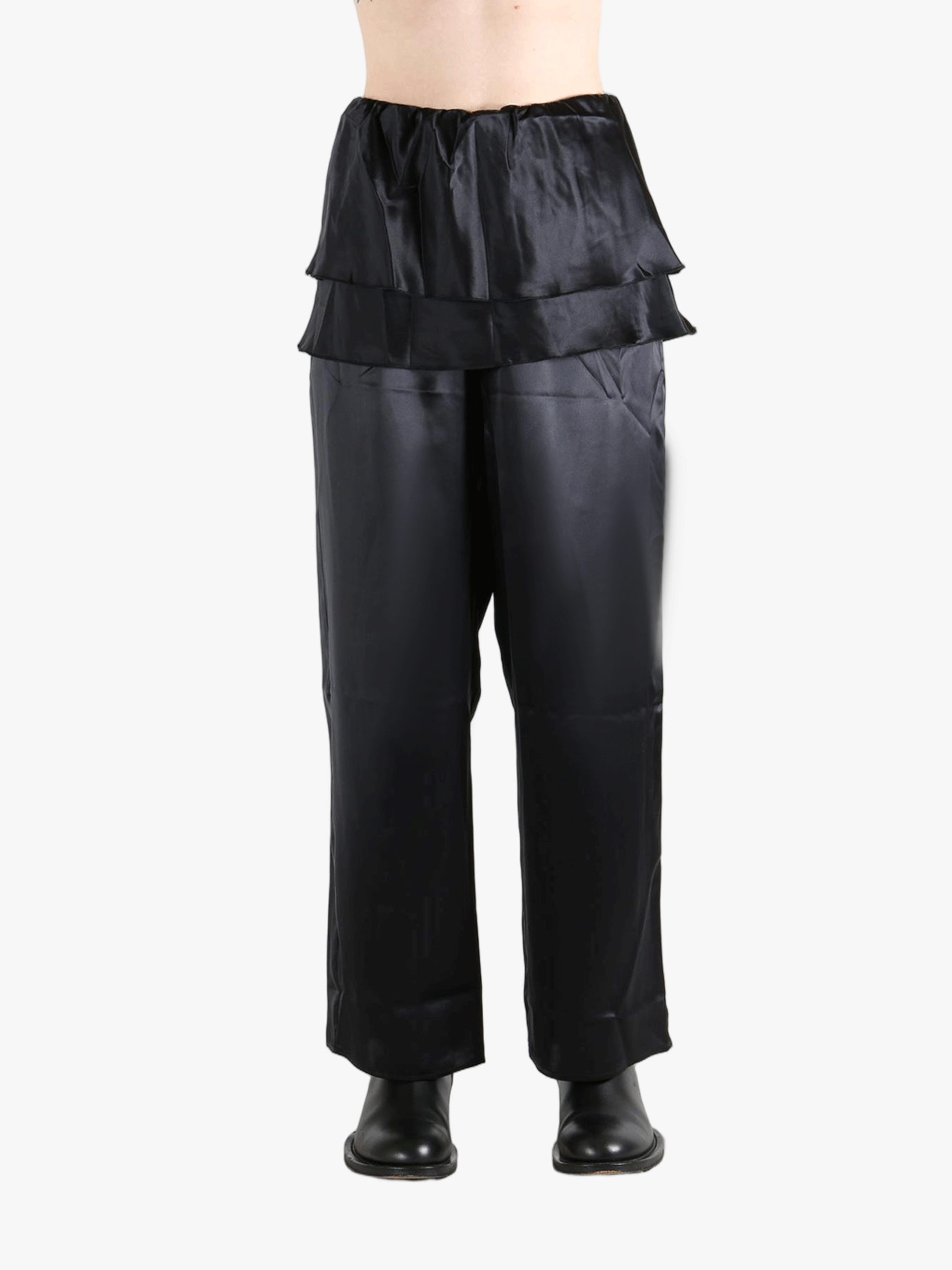 Black pants worn by a person, showing the pants' fit