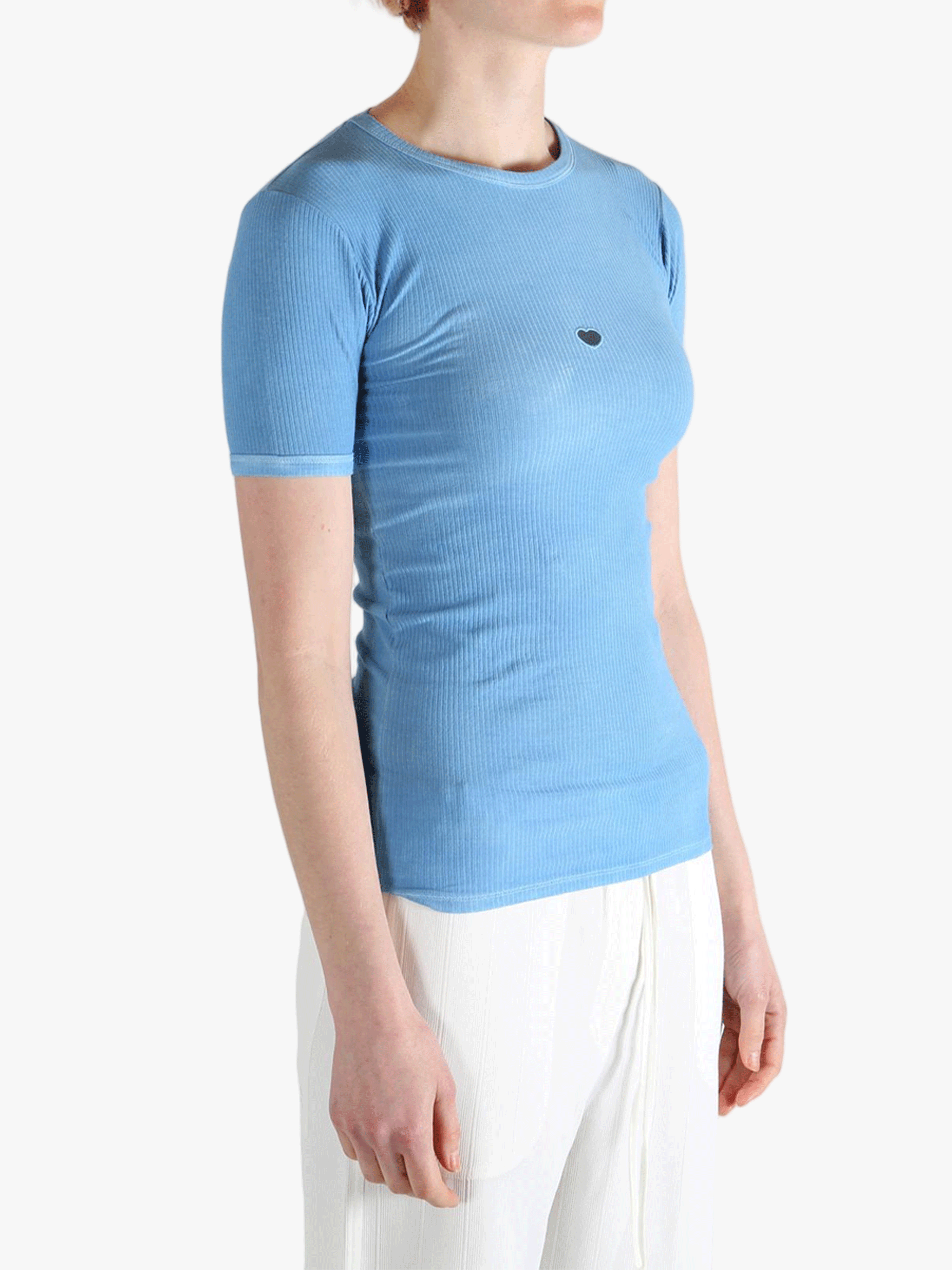 navy t-shirts worn by a person, showing the t-shirts fit