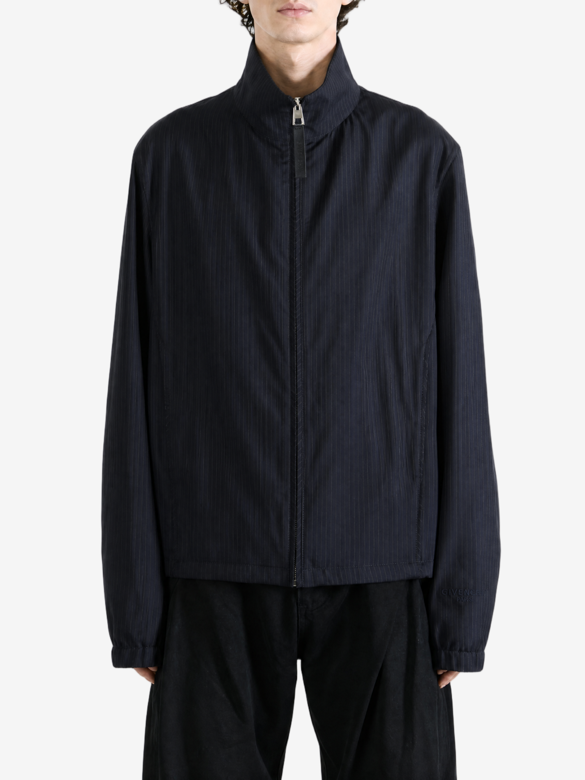 Navy jacket, full body view