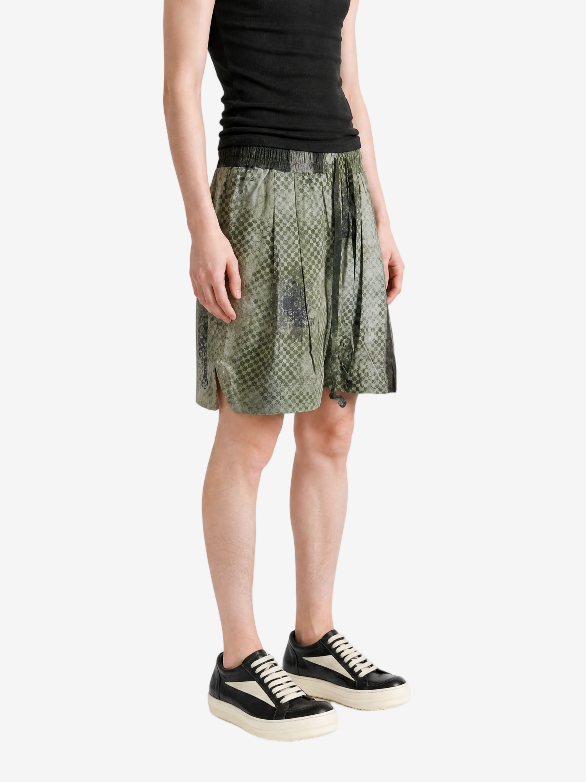 Green shorts, full body view