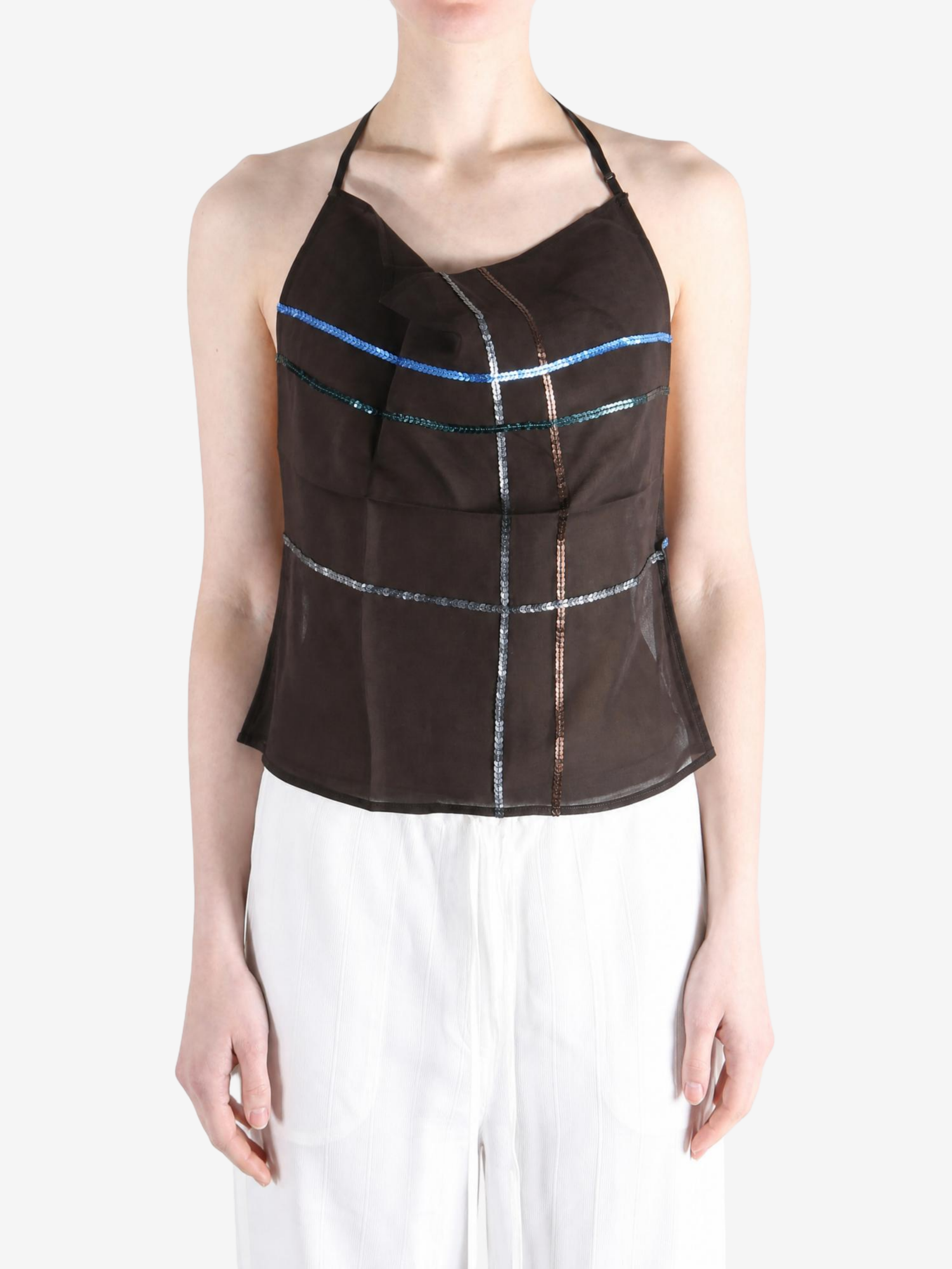 Brown top worn by a person, showing the top fit