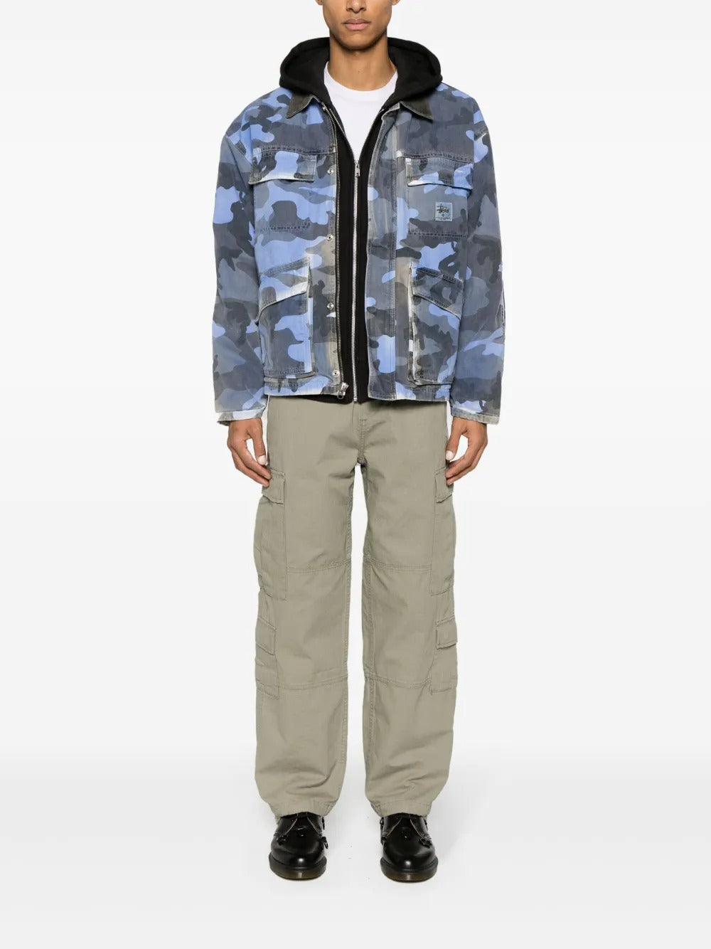 Green pants, full body view