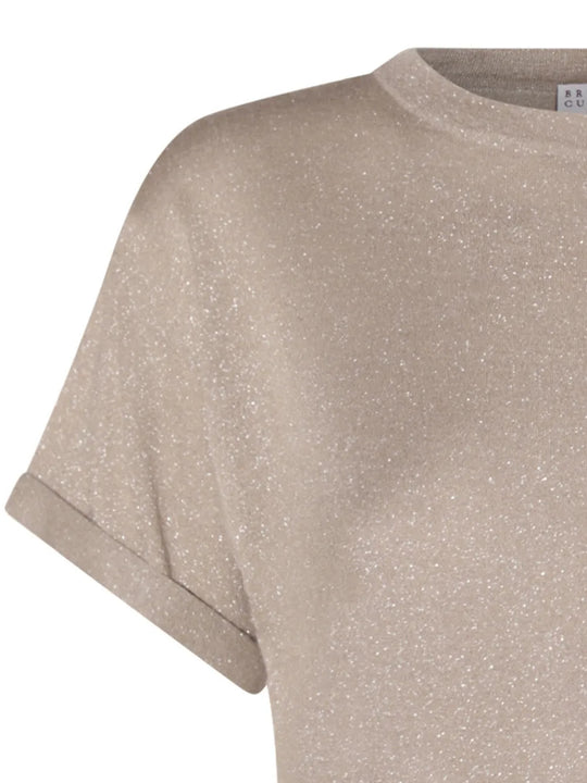 Close up of Tan hoodie, showing texture of the 20% polyamide/ 51% cashmere/ 22% silk/ 7% metallized fabric