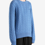 Blue knitwear worn by a person, showing the knitwear fit