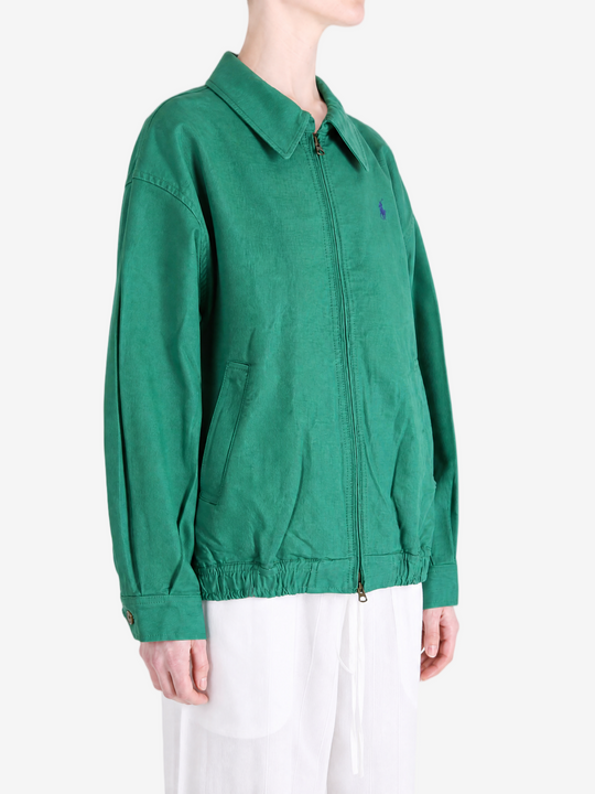 Green jacket worn by a person, showing the jacket fit