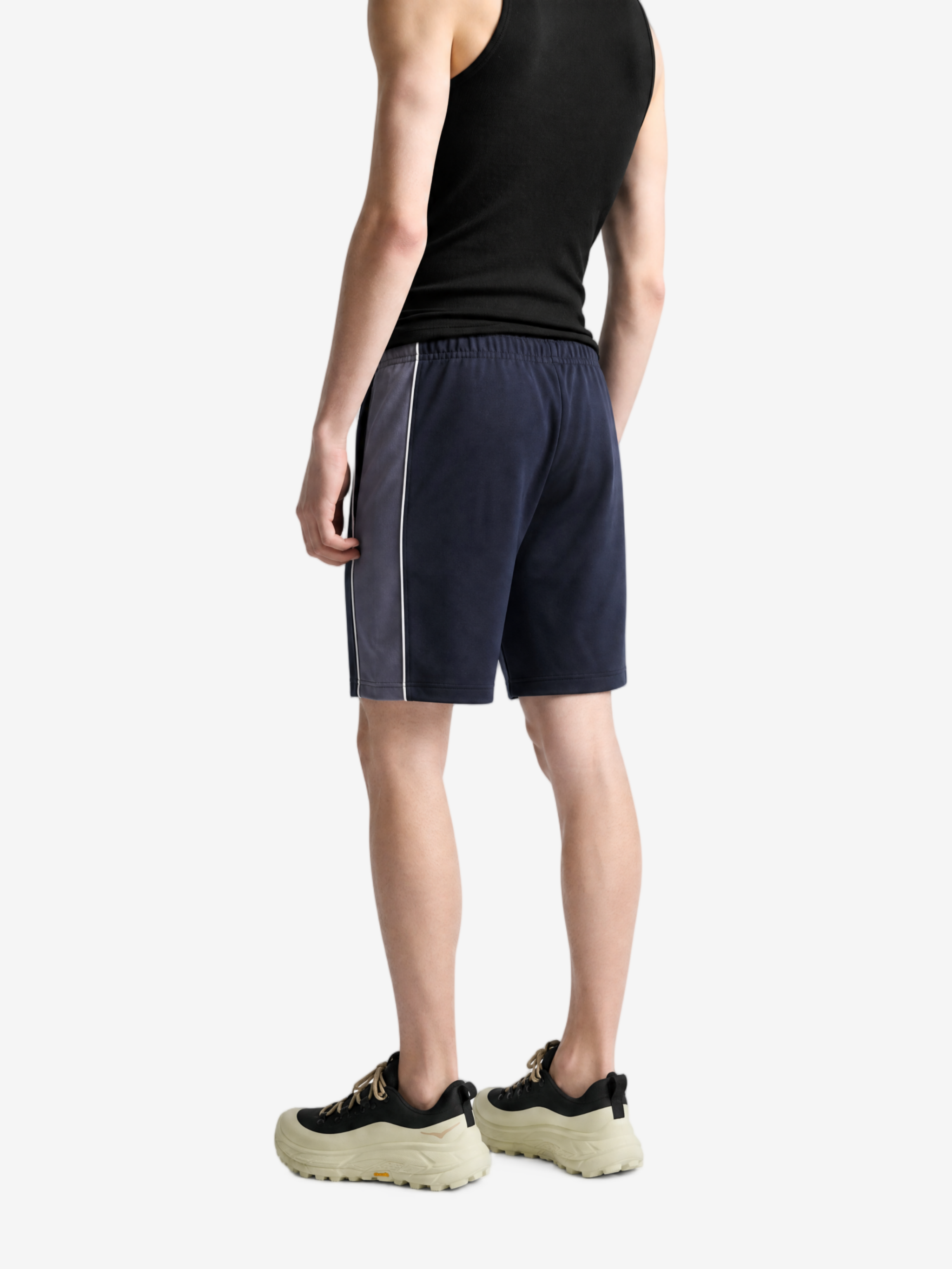Navy shorts, full body view