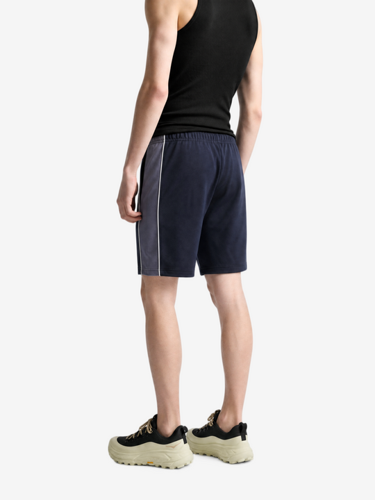 Navy shorts, full body view