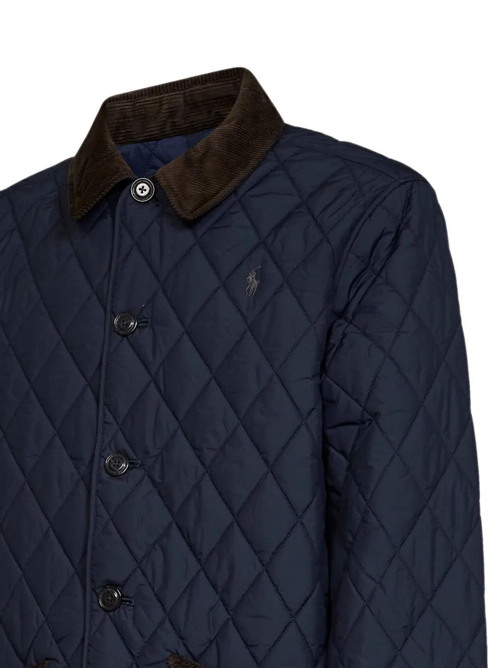 Close up of Navy jacket, showing texture of the 100% recycled polyester made fabric