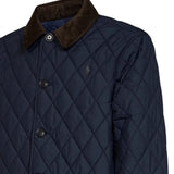 Close up of Navy jacket, showing texture of the 100% recycled polyester made fabric