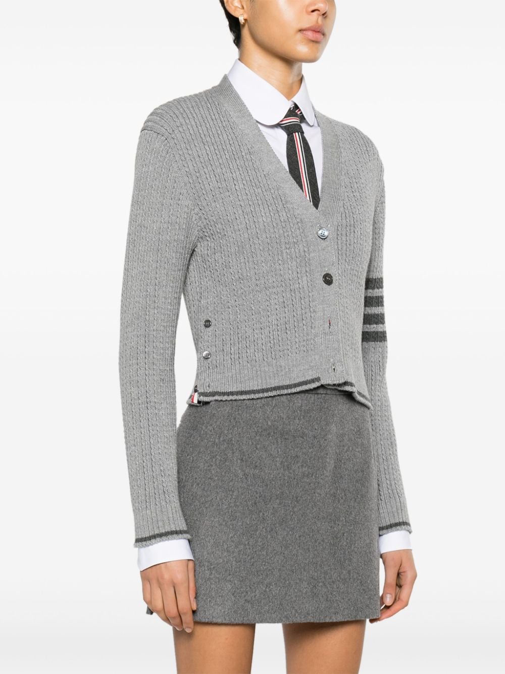 THOM BROWNE Women Baby Cable Cropped V Neck Cardigan In Merino Wool W/4 Bar Stripes