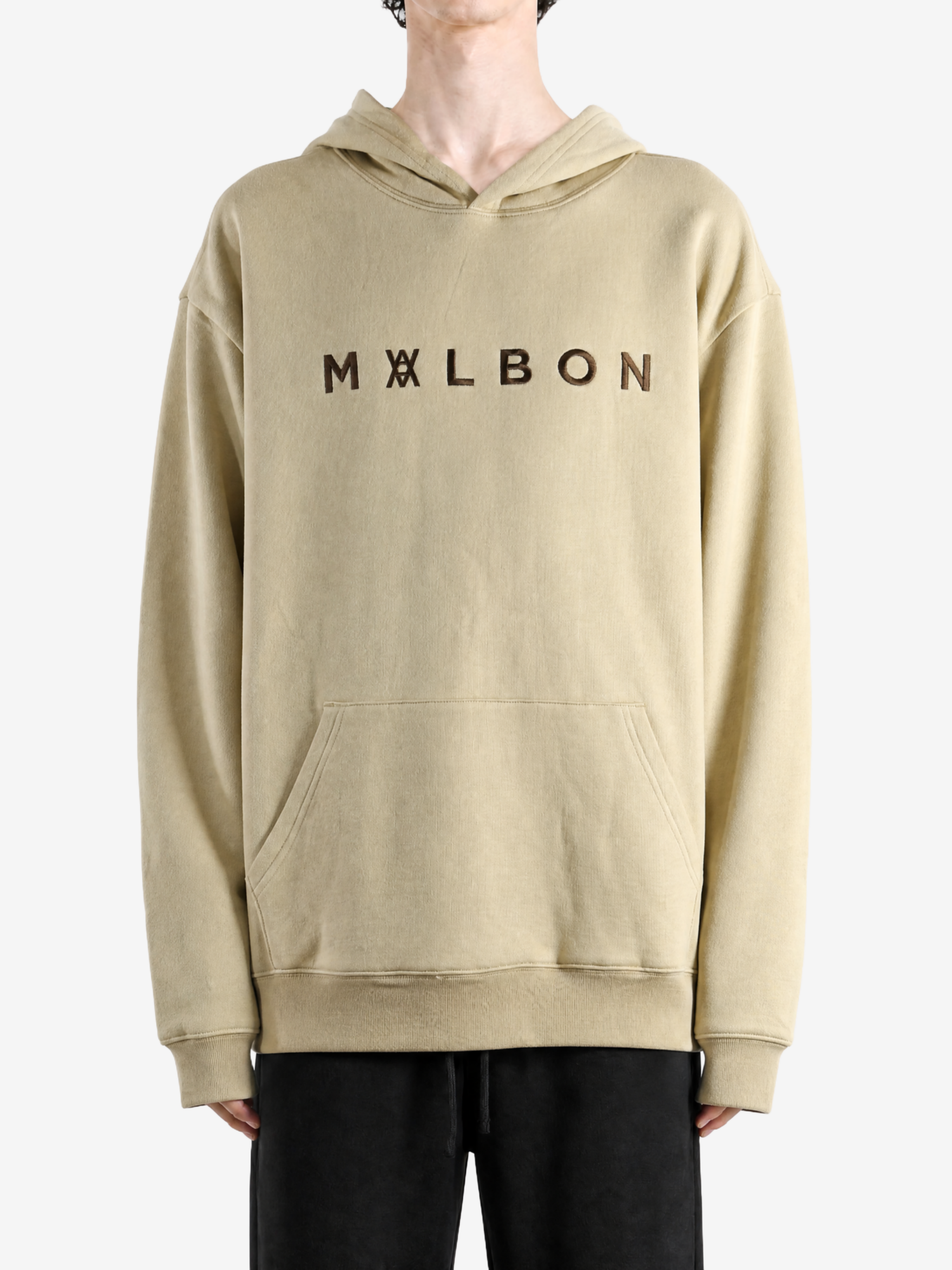 Tan hoodie, full body view