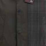 Close up of Brown jacket, showing texture of the corduroy fabric