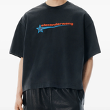 Black shirt worn by a person, showing the shirt fit