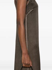 Close up of Brown camisole dress, showing texture of the silk fabric