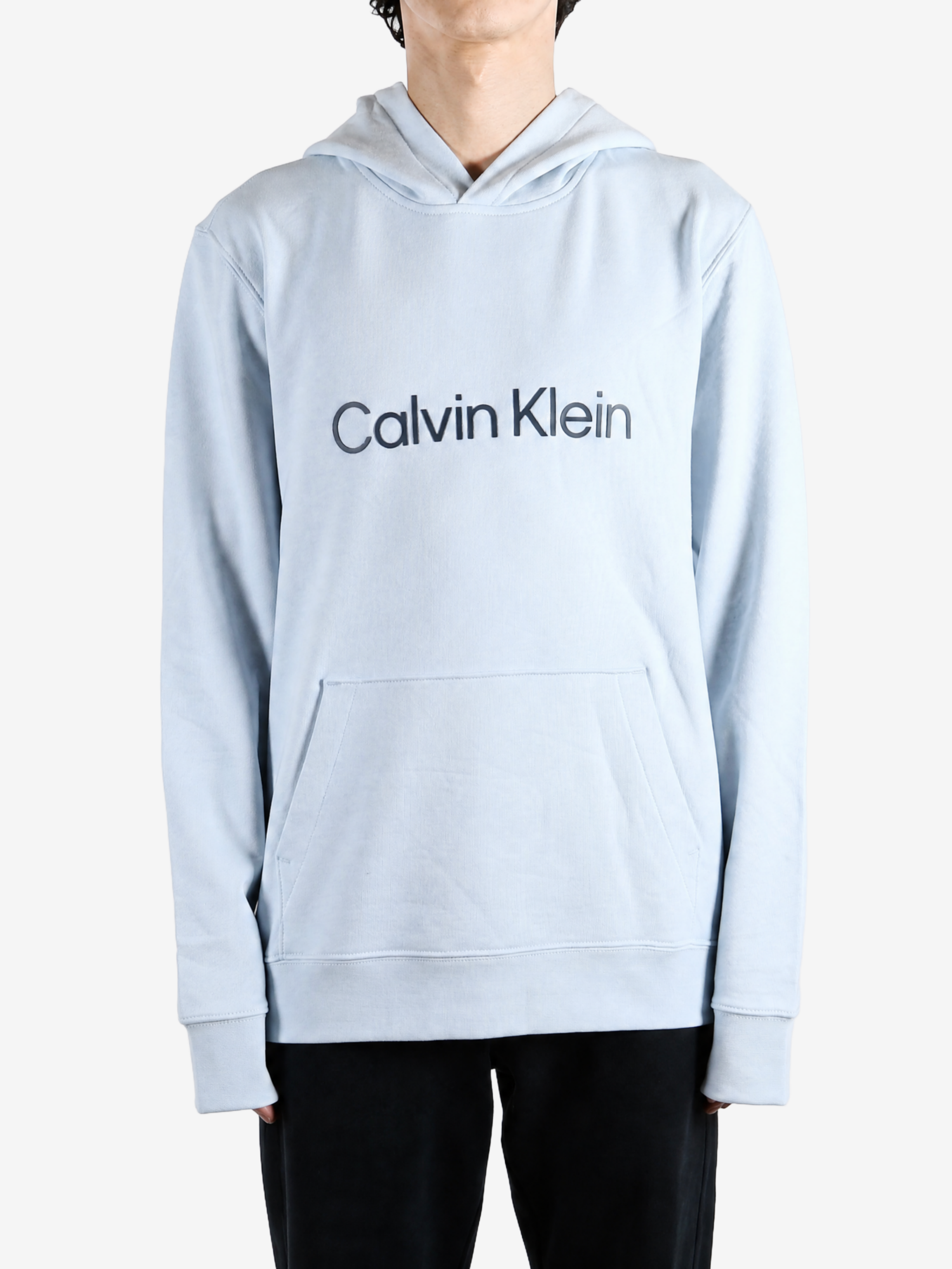 Blue hoodie, full body view