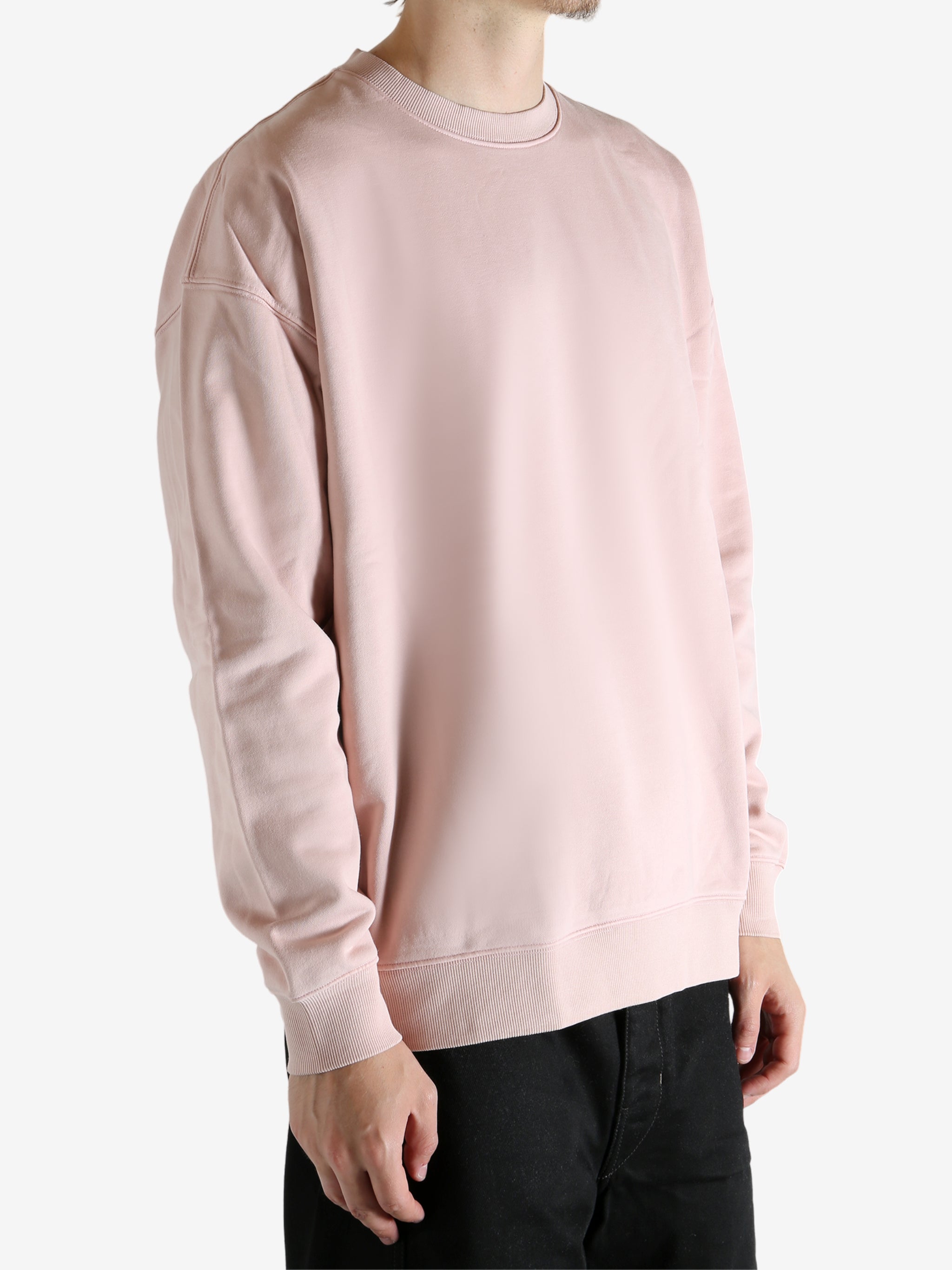 Pink sweatshirt worn by a person, showing the sweatshirt's fit