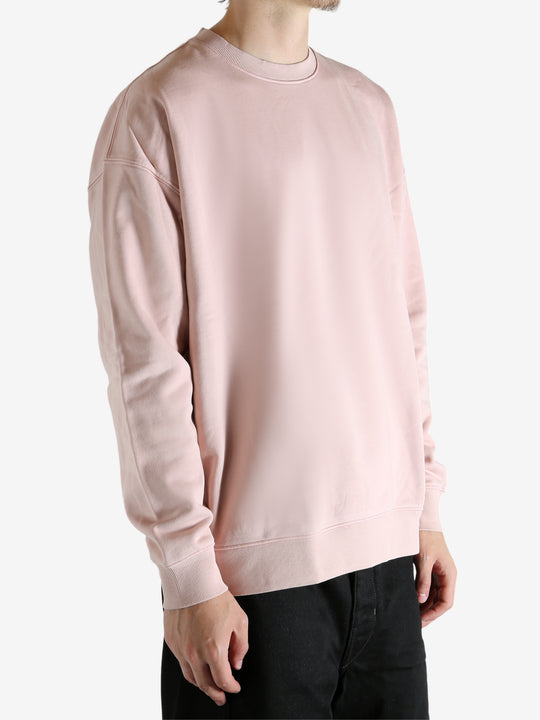 Pink sweatshirt worn by a person, showing the sweatshirt's fit