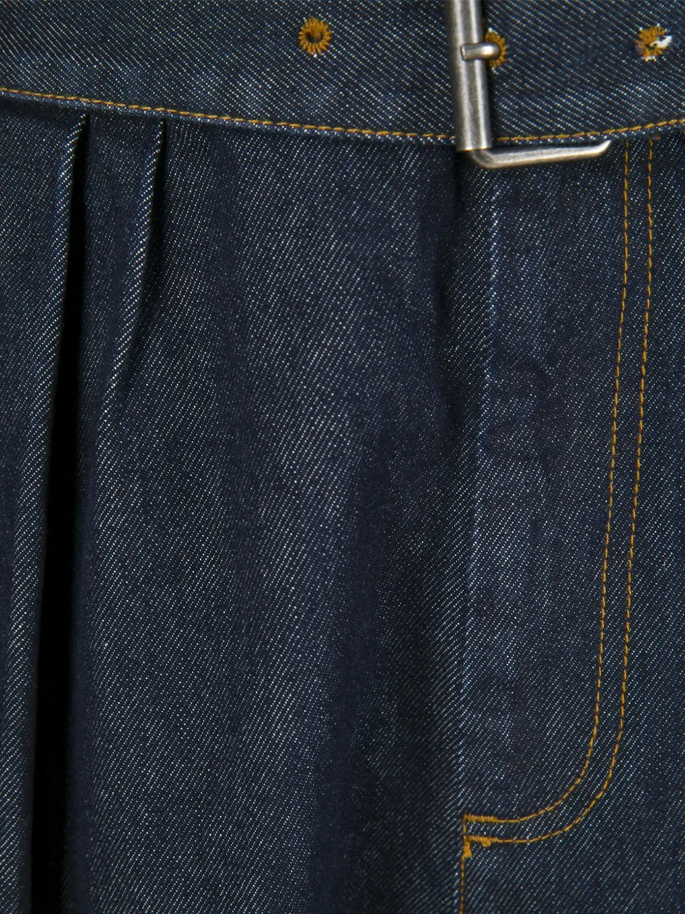 close up of blue pants, showing texture of the cotton fabric