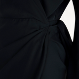 Close up of Navy dress, showing texture of the 100% silk fabric