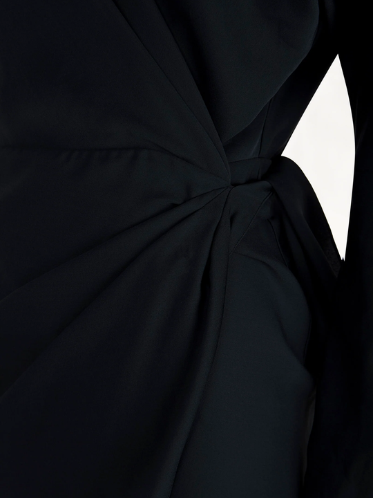 Close up of Navy dress, showing texture of the 100% silk fabric