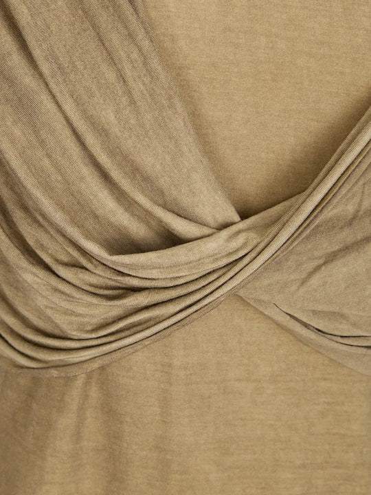 Close up of the tan top, showing texture of the modal fabric