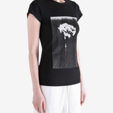Black t-shirt worn by a person, showing the t-shirt fit