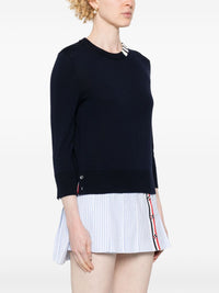 THOM BROWNE - Women Jersey Stitch 3/4 Sleeve Crew Neck Pullover  W/4 Bar Intarsia