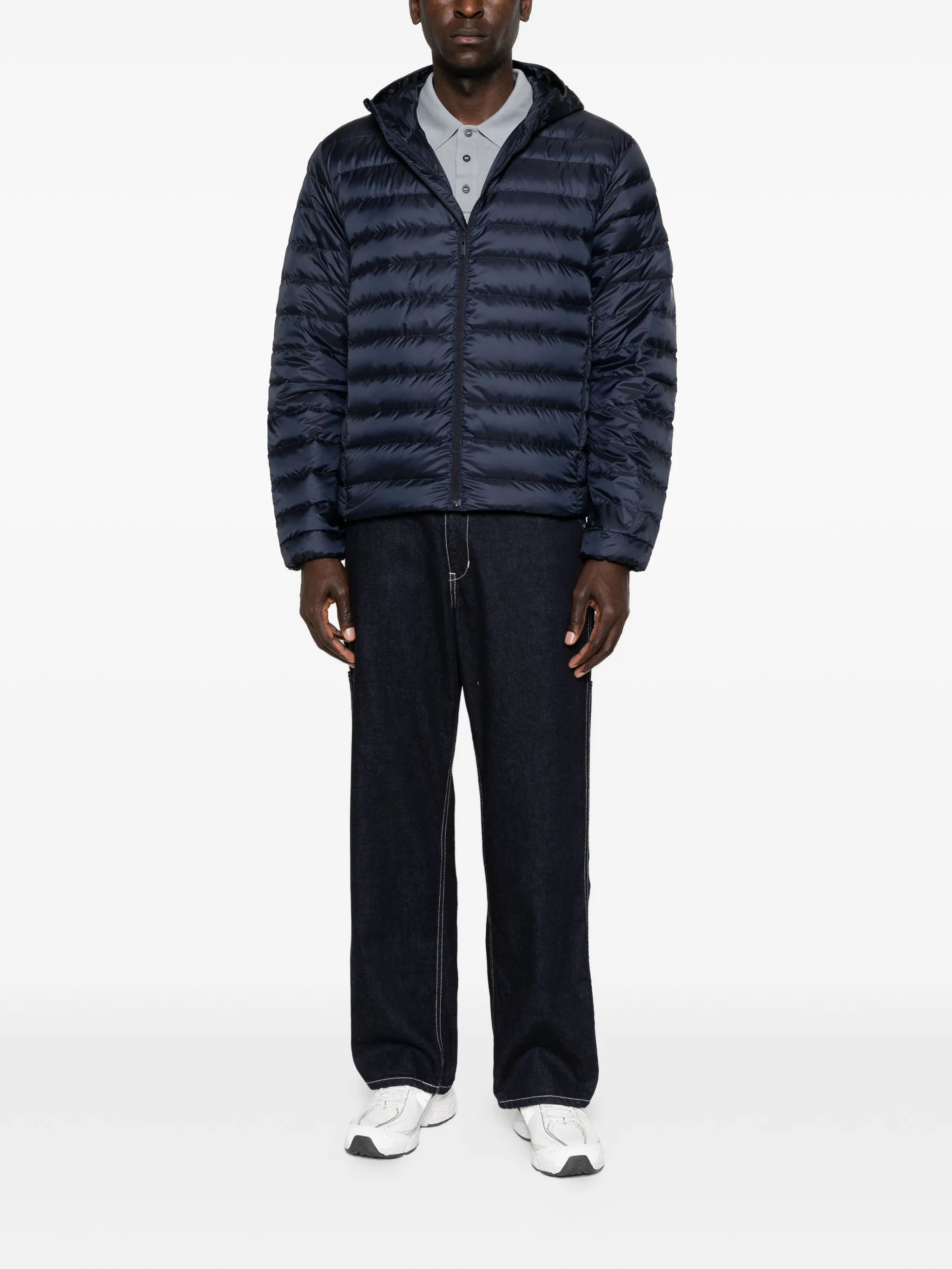 navy jacket, full body view