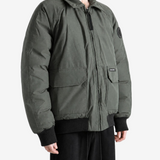 Green jacket worn by a person, showing the jacket fit