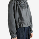 Grey jacket worn by a person, showing the jacket's fit