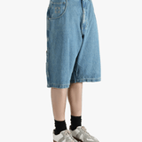 Blue short worn by a person, showing the fit