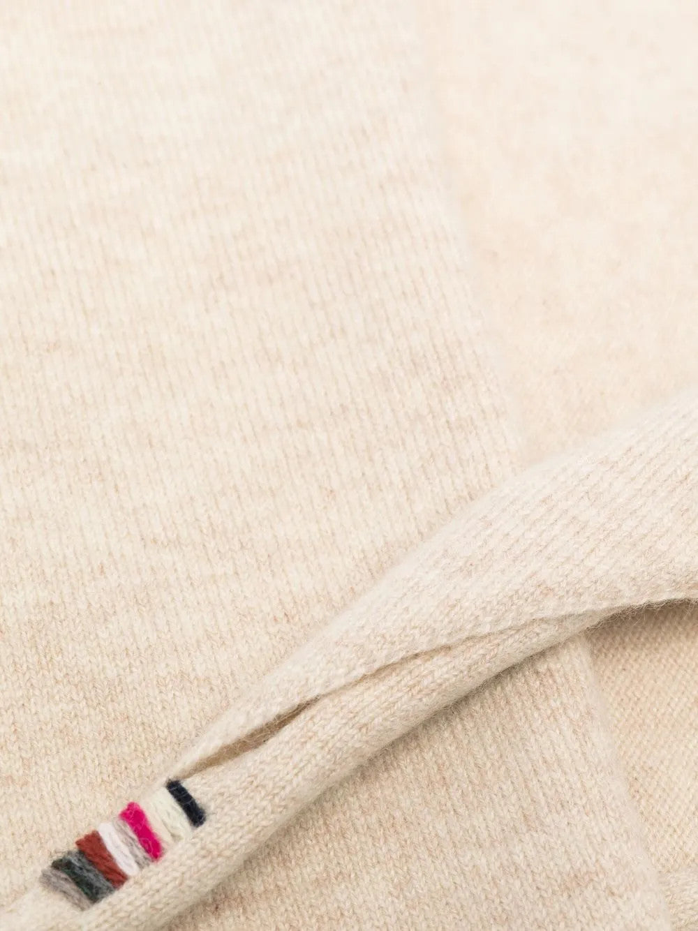 Close up of Tan scarf, showing texture of the 88% cashmere/ 10% nylon/ 2% elastane fabric
