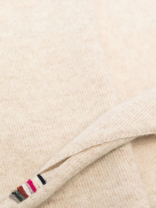 Close up of Tan scarf, showing texture of the 88% cashmere/ 10% nylon/ 2% elastane fabric