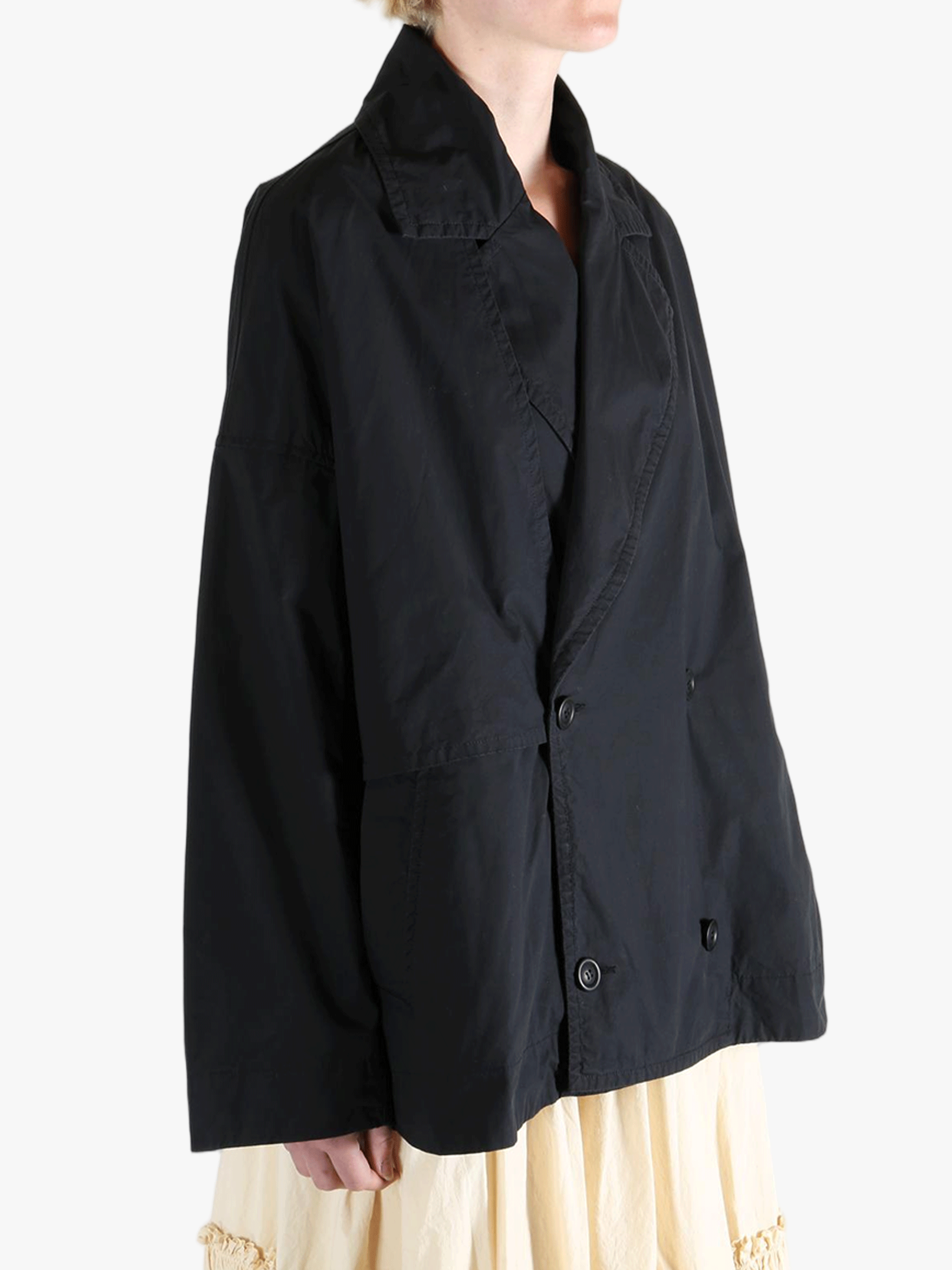 Black jacket worn by a person, showing the jacket fit