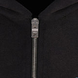 Close up of the black hoodie, showing texture of the cotton fabric