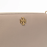 Close up of the grey bag, showing texture of the leather fabric