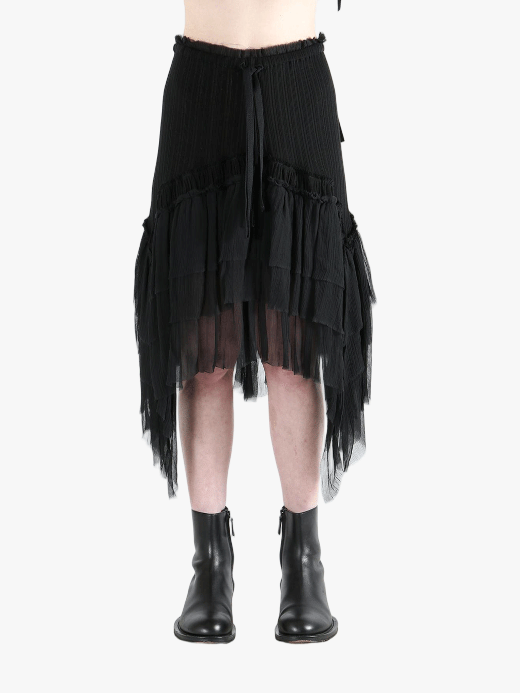 Black skirts worn by a person, showing the skirts fit