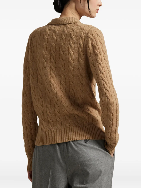 Brown knitwear worn by a person, showing the knitwear fit