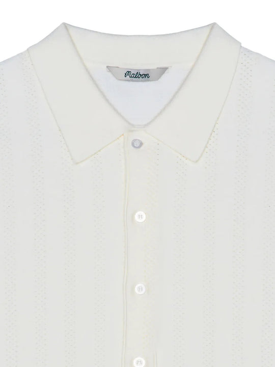 Close up of Tan shirt, showing texture of the 95% cotton/ 5% cashmere fabric