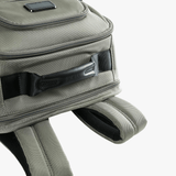 Close up of grey backpack, showing texture of the Ballistic Nylon fabric
