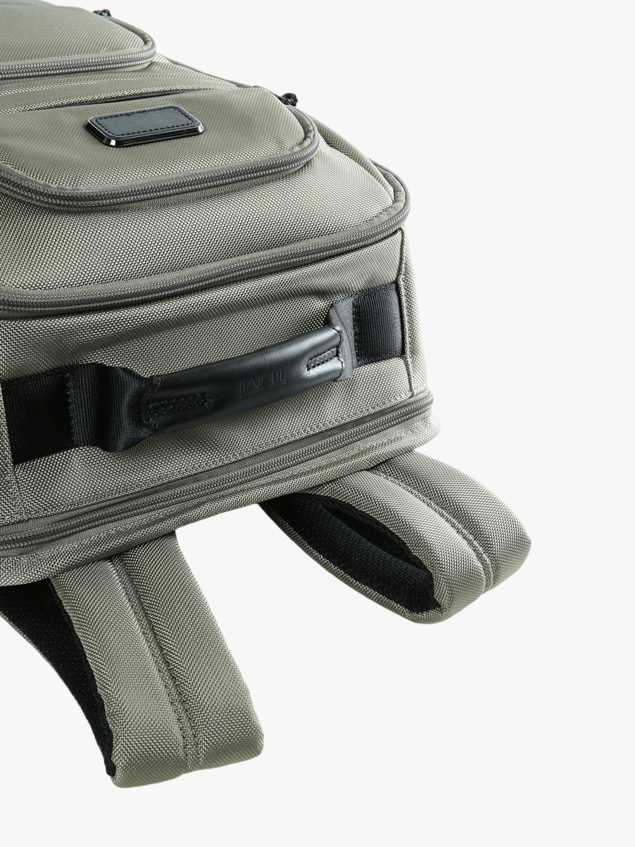 Close up of grey backpack, showing texture of the Ballistic Nylon fabric