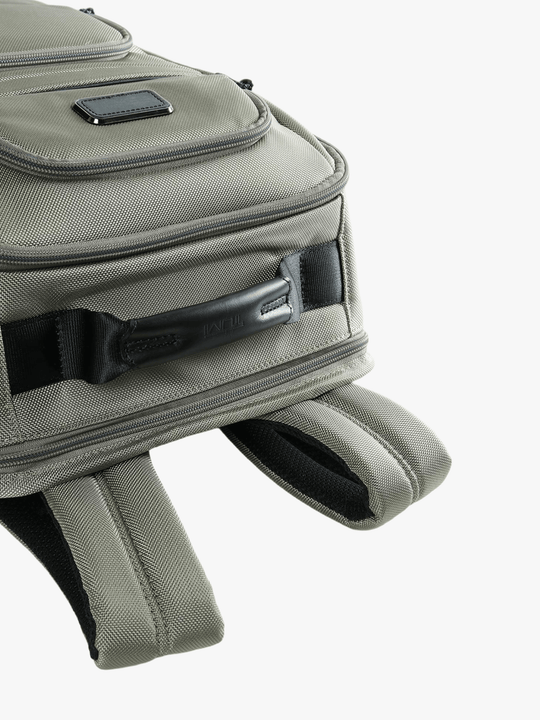 Close up of grey backpack, showing texture of the Ballistic Nylon fabric