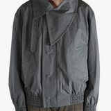 Grey jacket worn by a person, showing the jacket's fit