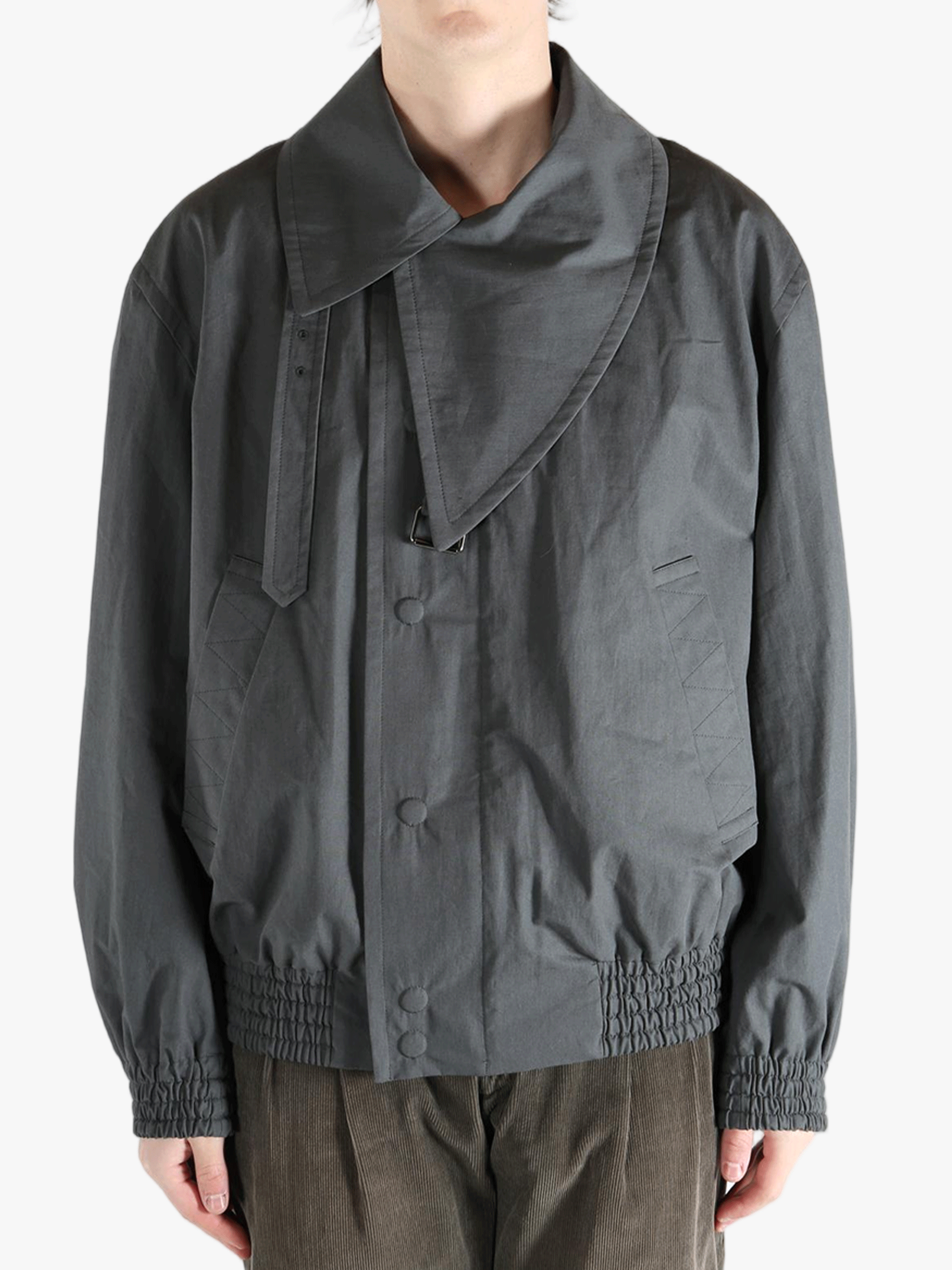 Grey jacket worn by a person, showing the jacket's fit