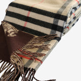Close up of the tan scarf, showing texture of the cashmere fabric