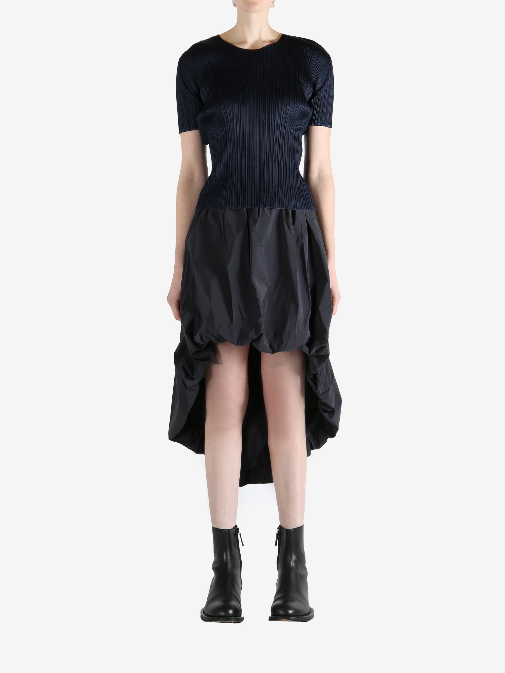 Navy top, full body view