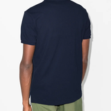 Navy shirts worn by a person, showing the shirt's fit