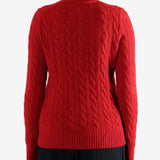 Red knitwear worn by a person, showing the knitwear's fit