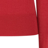 Close up of red knitwear, showing texture of the wool fabric